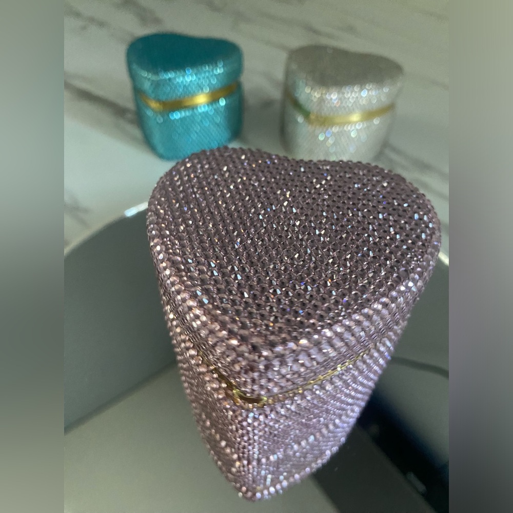 Pink bling heart shape ceramic jewelry box w crystal rhinestones
